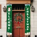 Carteles verdes de bienvenida de Navidad para porche con motivos de Papá Noel y renos - Dístico Navidad Verde Bienvenida (07)