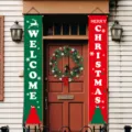 Pancartas festivas de Navidad rojas y verdes con decoraciones de Welcome y Merry Christmas - Dístico Árbol Navidad Reno Rojo Verde (08)