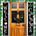 Juego de dos pancartas navideñas negras con textos Welcome y Merry Christmas - Dístico Árbol Navidad Muñeco Nieve Negro (10)
