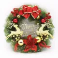 Festive 40cm Christmas wreath featuring a red bow and golden Merry Christmas sign - Double Deer / 40CM