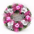Festive 40cm Christmas wreath featuring pink mesh bows and silver greetings sign - Pink / 40CM