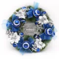 Luxurious blue and silver Christmas wreath with ornaments and holiday greetings sign 40cm - Blue / 40CM