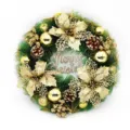 Detailed view of 40cm Christmas wreath with gold glitter flowers and Merry Christmas sign - 30cm / Gold