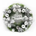 Close-up of 40cm silver Christmas wreath with poinsettia flowers and pine cones - 30cm / Silver