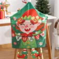 Cartoon elf Christmas chair cover in green with XMAS banner for festive dining decoration - Legged Elf Green Style (010) / 1 Piece