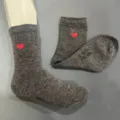 Grey merino wool mid-tube socks detail view, featuring cute red heart embroidery and fine texture. - S36-38 / Light Gray