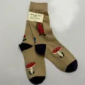 Khaki cotton mid-calf socks featuring cute mushroom and bear prints with brand tag detail. - Style 27