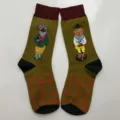 Retro cartoon animal knit crew socks in olive green with cute vintage design and red plaid. - Style 18