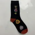 Cute vintage rabbit pattern detail on black cotton crew sock, cozy design with contrast heel. - Style 20