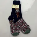 Close-up detail of women's mid-calf socks with cute dog illustration and grid pattern. - Style 24