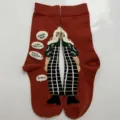 Retro cartoon cotton mid-calf socks detail shot, unique character illustration and vintage red tone. - Style 12