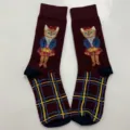 Retro cartoon cat knit mid-tube socks, vintage dark red cotton socks with plaid pattern detail. - Style 13