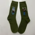 Green cotton mid-calf socks featuring cute retro fairy tale cat embroidery, cozy and stylish daily wear. - Style 1