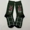 Vintage forest style cotton mid-tube socks featuring cute cartoon cat and grid pattern. - Style 2