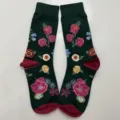 Dark green floral crew socks with vintage pink roses design, comfortable cotton mid-calf socks. - Style 5