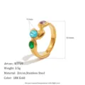Detailed 18K gold plated stainless steel ring with colorful zircons and size specifications. - 6 / Wavy Ring (R5719) / Gold Multicolor Zircon