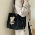 Autumn large black frosted suede tote bag with drawstring and cute bear charm. - With Pendant / Black