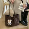 Commuter brown faux suede tote bag with drawstring and puppy charm accessory - With Pendant / Coffee