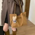 Brown vintage faux suede large capacity tote bag with drawstring and cute puppy charm - With Pendant / Brown