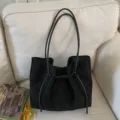 Retro black suede drawstring tote bag for commuting and large capacity style - Single Bag / Black