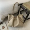 Large beige faux suede tote bag with drawstring detail and long shoulder straps - Single Bag / Khaki