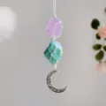 Handmade raw crystal hanging ornament featuring amethyst, amazonite and silver moon star - NO.4 Purple & Amazonite / 23cm