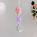 Close-up of handmade macrame hanging with raw pink and purple crystals and silver moon star. - NO.1 Pink & Purple / 23cm