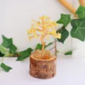 Detailed view of handwoven natural citrine crystal tree of life on wooden stump base - Citrine / 13cm Version