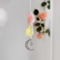Detailed view of handmade crystal hanging ornament with raw stones and crescent moon charm. - NO.2 Pink & Yellow / 23cm