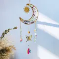 Macro view of crystal moon suncatcher with butterfly pendant and gold sun charm - Colored Fluorite Style / 40CM