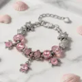 Bracciale con ciondoli tartaruga in argento fatto a mano con perle di vetro rosa - 16cm / Stile Tartaruga Rosa (Z-007)