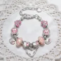 Braccialetto charm fai-da-te argento romantico con pendenti a cuore rosa e perle di vetro - 16cm / Stile Cuore Rosa Dolce (Z-004)