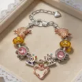 Elegante bracciale con ciondoli DIY, cristalli rosa, perle gialle e cuori pendenti - 16cm / Stile Giostra Ruota Panoramica Oro Rosa (Z-005)