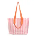 Nahaufnahme der rosa gestreiften PVC-Tragetasche mit leuchtend orangefarbenen Trägern - Cremeposa Gestreift