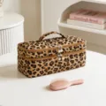 Leopard print quilted travel makeup bag with double layer storage and pearl pulls - Heart Leopard