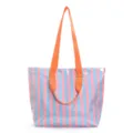 Große PVC-Einkaufstasche mit rosa-blauen vertikalen Streifen und orangefarbenen Trägern - Blau-rosa Streifen