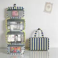 Trousse de toilette rayée pliable avec crochet et compartiments de rangement clairs - Rayé jaune et bleu