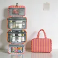 Trousse de toilette pliante à rayures roses et oranges avec quatre compartiments et crochet - Rayures Orange Rose