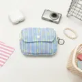 Mini blue tweed coin purse with white button flap closure for portable makeup storage - Blue