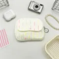 Detail view of a cute white tweed coin pouch with colorful stripes and key ring - White