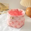 Korean style quilted fabric storage basket with pink bear pattern and lace trim - Rose Knot Bear