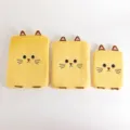 Comparison of three sizes of yellow plush cat-themed laptop and iPad storage sleeves - 11" / Yellow Cat