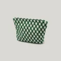 Detailed visual view of a large green and white checkerboard knitted cosmetic storage bag - Green Plaid