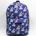 Close-up detail of blue backpack with colorful unicorn and rainbow patterns - Multiple Unicorns on Blue Background