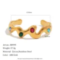 18K gold plated wavy stainless steel cuff bracelet with colorful zircon stones - Wavy Bracelet (B0995) / Gold Multicolor Zircon