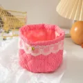 Pink and white striped quilted fabric storage basket with delicate lace trim decoration - Rose Knot Stripes