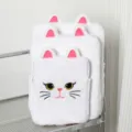 Macro view of three different sized white plush cat-themed laptop sleeves and iPad bags - 11" / White Cat with Pink Ears