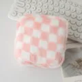 Close-up of pink and white checkered plush cosmetic bag on white keyboard background - 12.5*5*12.5cm / Pink & White Plaid