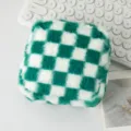 Macro view of green checkerboard plush cosmetic bag featuring soft fluffy texture - 12.5*5*12.5cm / Green and White Plaid