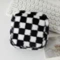 Detail view of a black and white checkered plush makeup bag with a soft texture - 12.5*5*12.5cm / Black and White Plaid